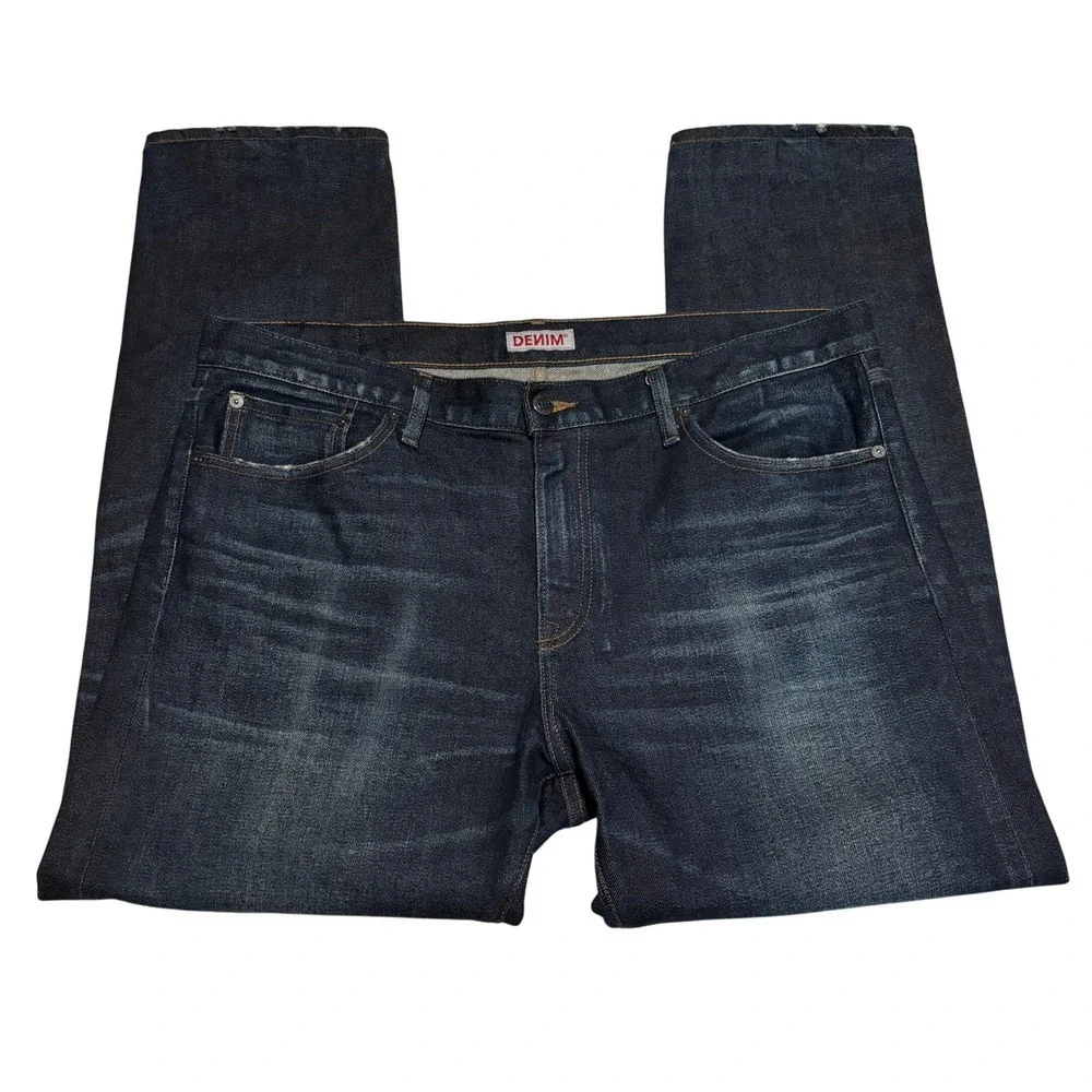 SMN Denim Selvedge Jeans The Hunter Standard Slim Sz 38x28 Dark Wash Distressed